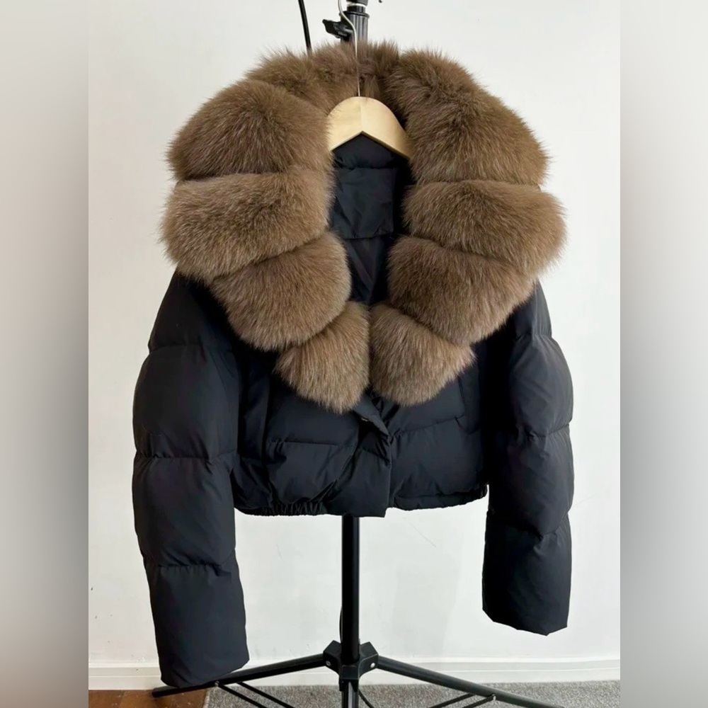 Black Puffer Jacket with Faux Fur Collar